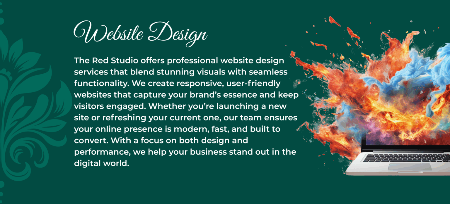 Website Design The Red Studio offers professional website design services that blend stunning visuals with seamless functionality. We create responsive, user-friendly websites that capture your brand’s essence and keep visitors engaged. Whether you’re launching a new site or refreshing your current one, our team ensures your online presence is modern, fast, and built to convert. With a focus on both design and performance, we help your business stand out in the digital world.